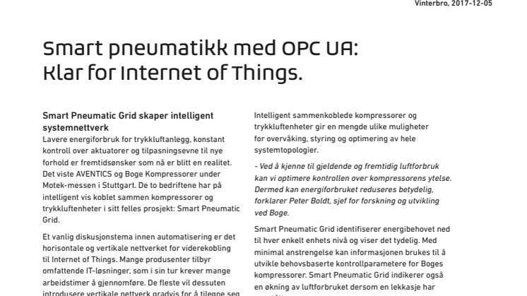 Smart pneumatikk med OPC UA: Klar for Internet of Things.