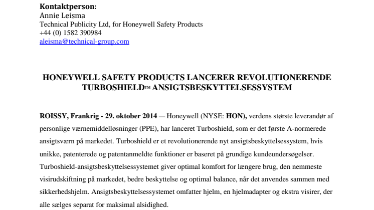 HONEYWELL SAFETY PRODUCTS LANCERER REVOLUTIONERENDE TURBOSHIELD™ ANSIGTSBESKYTTELSESSYSTEM