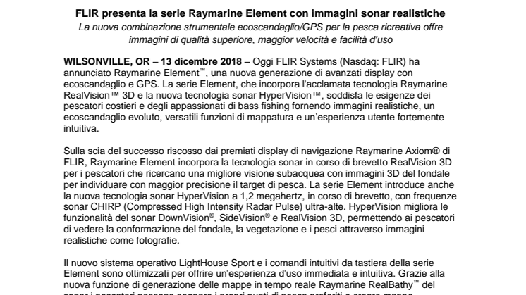 Raymarine: FLIR presenta la serie Raymarine Element con immagini sonar realistiche
