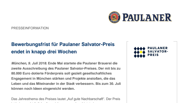 Bewerbungsfrist für Paulaner Salvator-Preis endet in knapp drei Wochen 