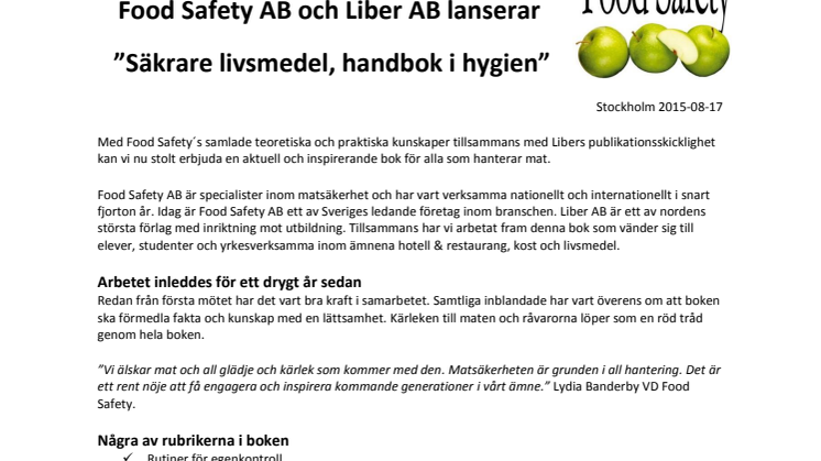 Food Safety AB och Liber AB lanserar  ”Säkrare livsmedel, handbok i hygien” 