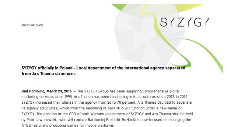 SYZYGY officially in Poland - Local department of the international agency separated from Ars Thanea structures