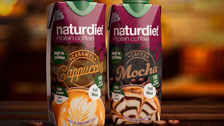 Naturdiet Protein Coffee lanseras i smakerna Caramel Cappuccino och Caffè Mocha och påminner om söta iskaffedrycker från kafé, fast med bättre näringsinnehåll, vitaminer, mineraler och färre kalorier.
