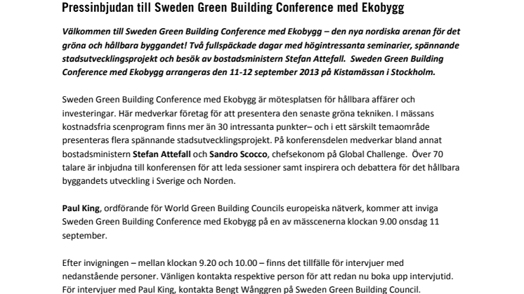 Pressinbjudan till Sweden Green Building Conference med Ekobygg