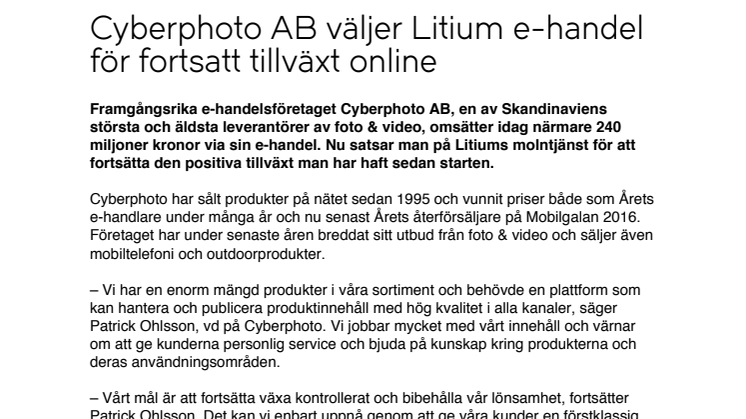Cyberphoto AB väljer Litium e-handel för fortsatt tillväxt online