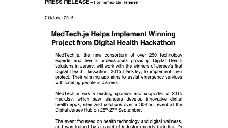 MedTech.je Helps Implement Winning Project from Digital Health Hackathon