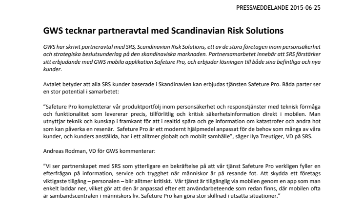 GWS tecknar partneravtal med Scandinavian Risk Solutions
