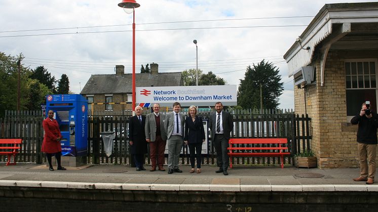 Celebrating the heritage makeover of Downham Market station with (L-R) Chris Green, Colin Sampson, Andrew Sidgwick, Liz Truss and Graeme Pratt