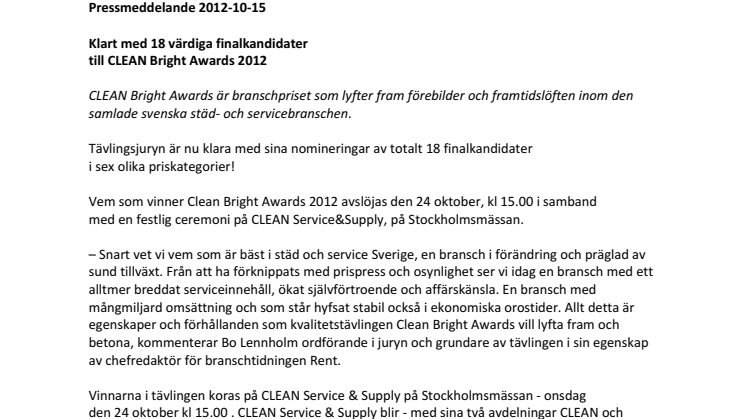 CLEAN Bright Awards 2012 - Städbranschen prisas på Stockholmsmässan