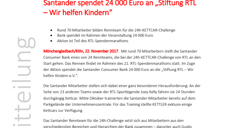 Santander spendet 24 000 Euro an „Stiftung RTL – Wir helfen Kindern“