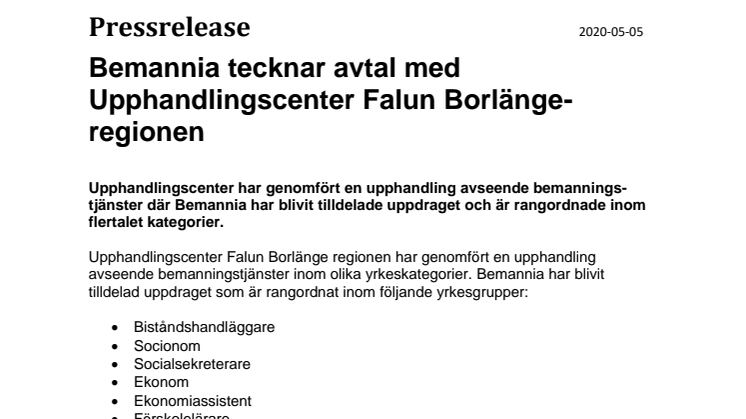 Bemannia tecknar avtal med Upphandlingscenter Falun Borlänge-regionen