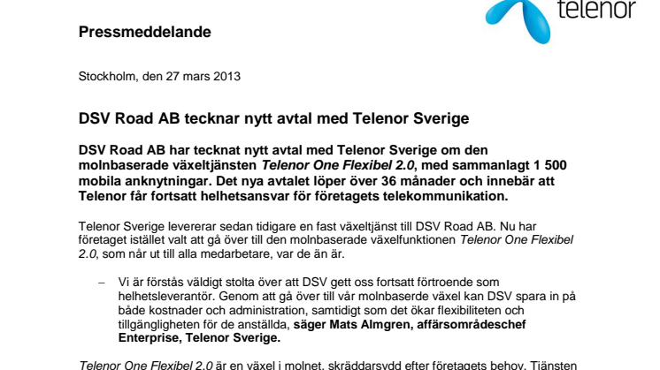 DSV Road AB tecknar nytt avtal med Telenor Sverige 