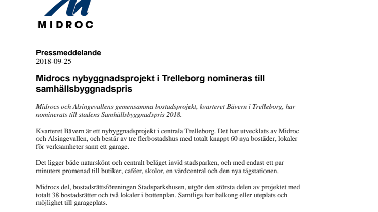 Midrocs nybyggnadsprojekt i Trelleborg nomineras till samhällsbyggnadspris