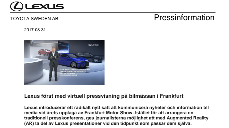 Lexus först med virtuell pressvisning på bilmässan i Frankfurt