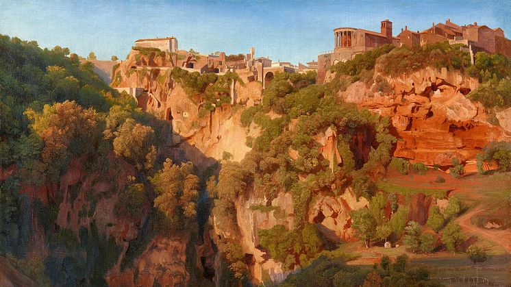 Ernst Fries, The Waterfalls at Tivoli with the Ponte Lupo, Temple of Vesta, and Temple of Sibyl