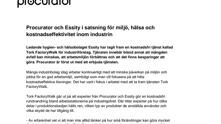 Procurator och Essity i  satsning för miljö, hälsa och kostnadseffektivitet inom industrin