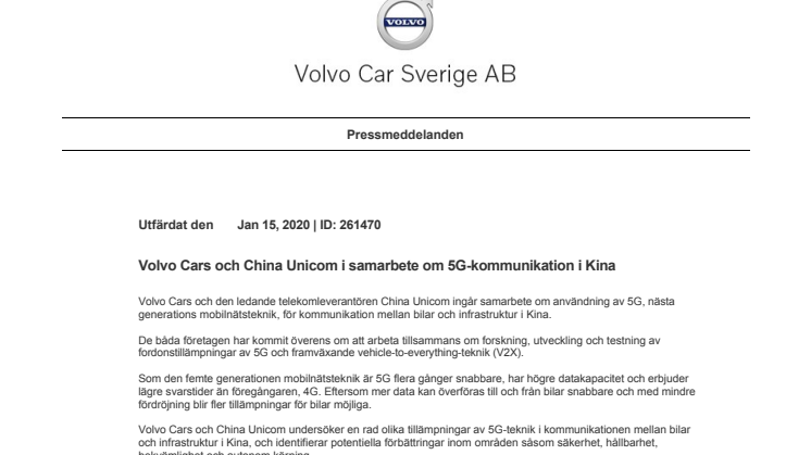 Volvo Cars och China Unicom i samarbete om 5G-kommunikation i Kina