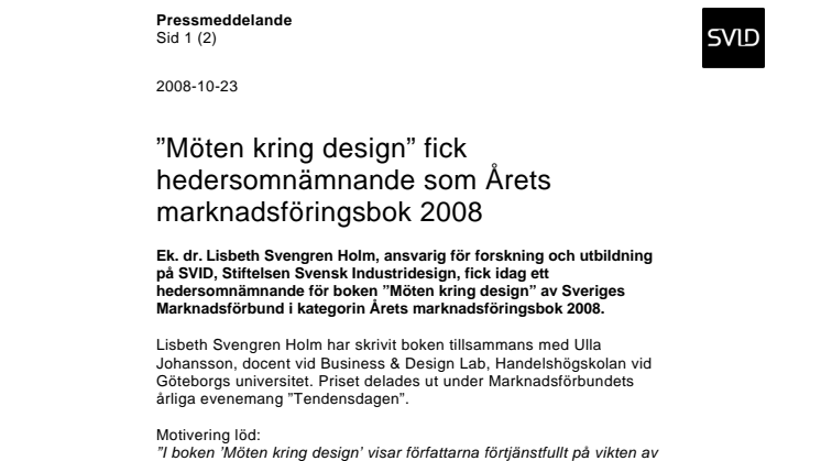 ”Möten kring design” fick hedersomnämnande som Årets marknadsföringsbok 2008