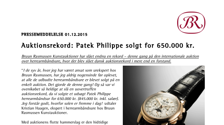 Auktionsrekord: Patek Philippe solgt for 650.000 kr. 