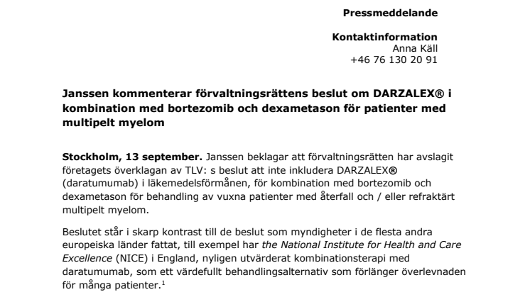 Janssen kommenterar förvaltningsrättens beslut om Darzalex i kombination med bortezomib och dexametason för patienter med multipelt myelom