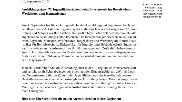 Ausbildungsstart: 72 Jugendliche starten beim Bayernwerk ins Berufsleben