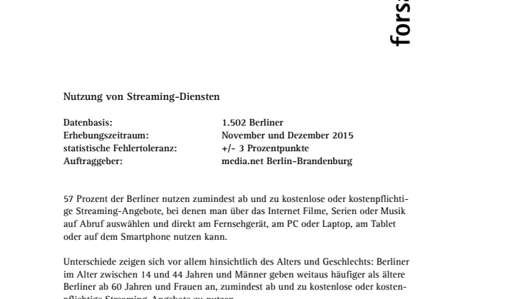 forsa-Umfrage für media.net berlinbrandenburg: Nutzung von Streaming-Diensten