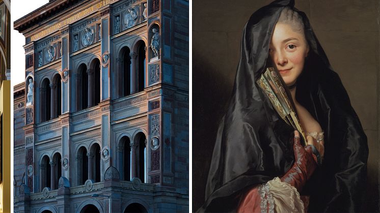 The gallery from 1800-1870, evening light on the façade and Alexander Roslin’s The Lady with the Veil. Photographs: Bruno Ehrs and Nationalmuseum.