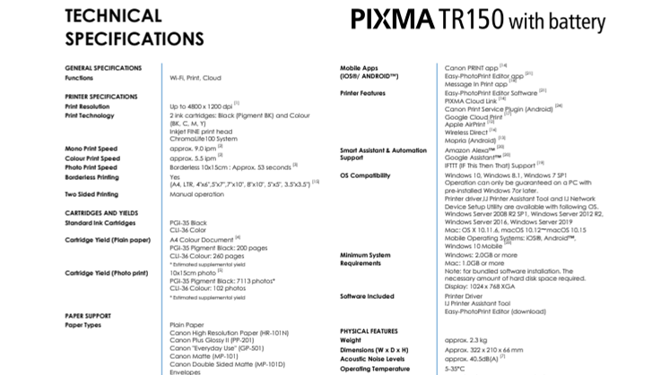 Specifications PIXMA TR150 WITH BATTERY