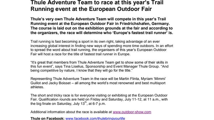Thule Adventure Team to race at this year’s Trail Running event at the European Outdoor Fair