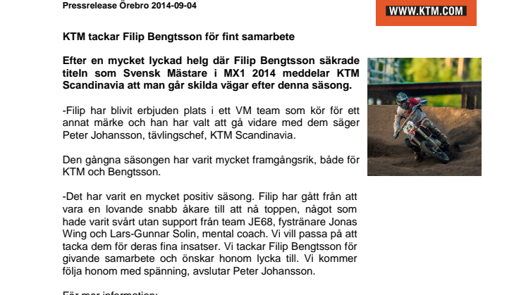 KTM tackar Filip Bengtsson för fint samarbete