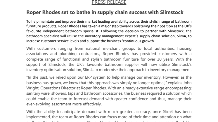 Roper Rhodes set to bathe in supply chain success with Slimstock