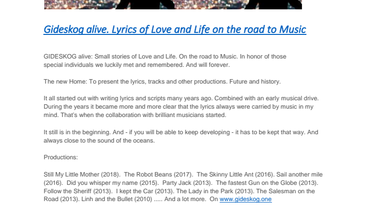 Launch: Gideskog alive. Lyrics of Love and Life. On the road to Music.
