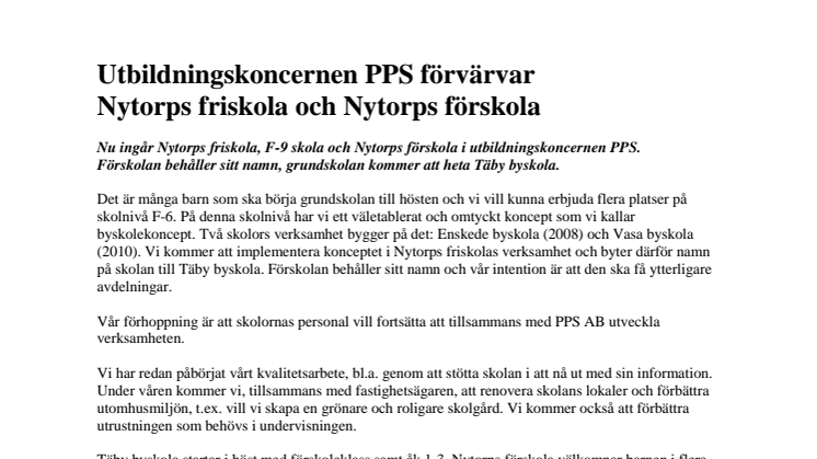 Utbildningskoncernen PPS förvärvar Nytorps friskola och Nytorps förskola