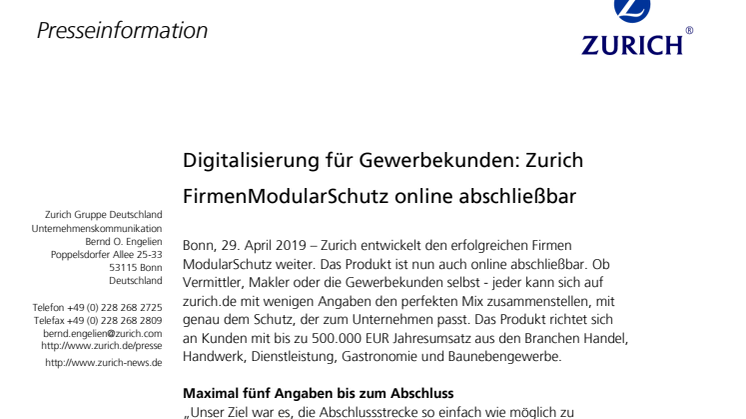Digitalisierung für Gewerbekunden: Zurich Firmen ModularSchutz online abschließbar