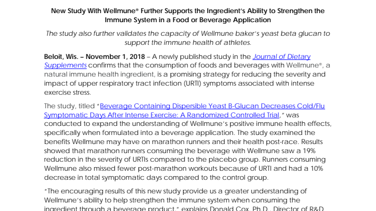 Press Release – New Study With Wellmune® Further Supports the Ingredient’s Ability to Strengthen the Immune System in a Food or Beverage Application 