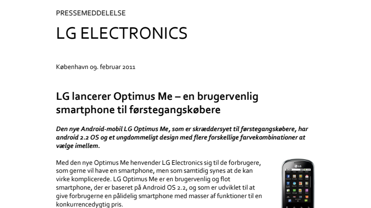 LG lancerer Optimus Me – en brugervenlig smartphone til førstegangskøbere