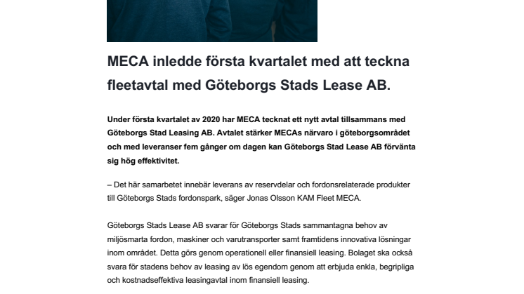 MECA inledde första kvartalet med att teckna fleetavtal med Göteborgs Stads Lease AB.