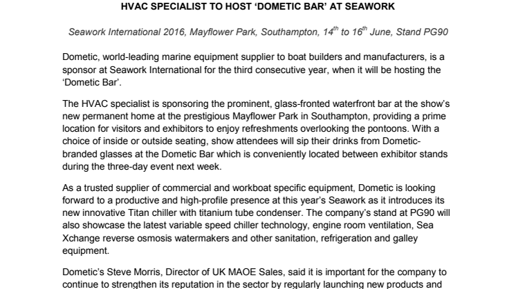 Dometic: HVAC Specialist to Host "Dometic Bar" at Seawork