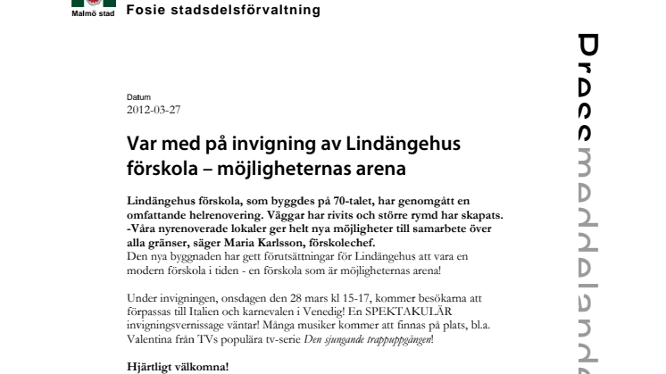 Var med på invigning av Lindängehus förskola – möjligheternas arena