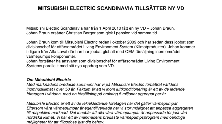 MITSUBISHI ELECTRIC SCANDINAVIA TILLSÄTTER NY VD