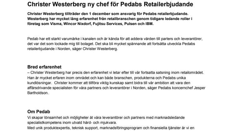Christer Westerberg ny chef för Pedabs Retailerbjudande