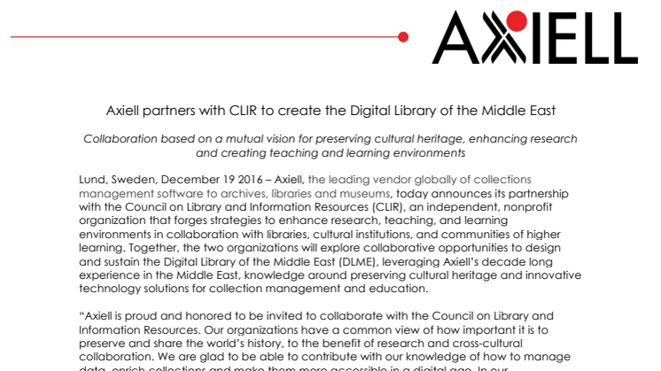 Axiell partners with CLIR to create the Digital Library of the Middle East