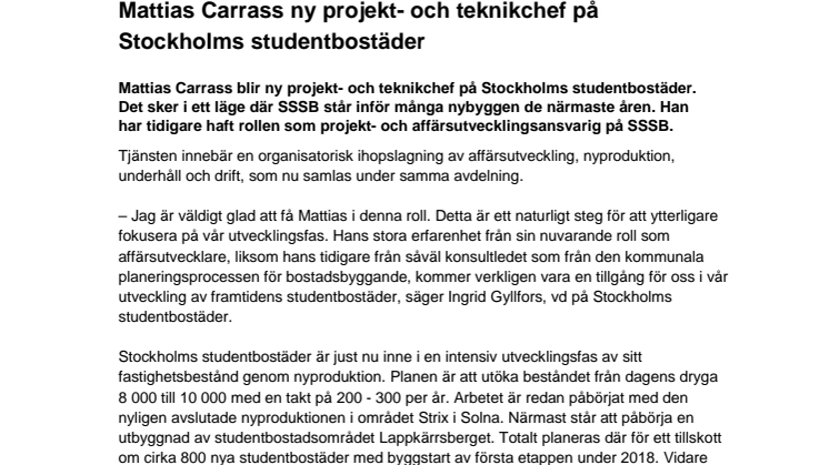 Mattias Carrass ny projekt- och teknikchef på Stockholms studentbostäder