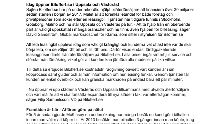 Idag öppnar Biloffert.se i Uppsala och Västerås!