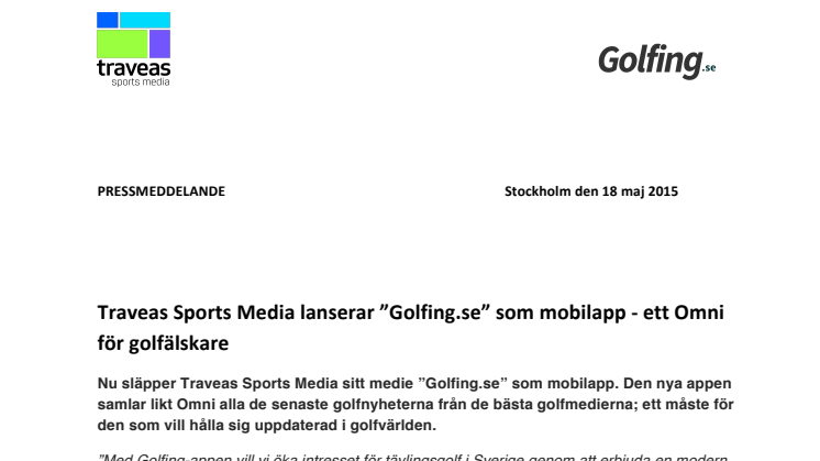 ​Traveas Sports Media lanserar ”Golfing.se” som mobilapp - ett Omni för golfälskare