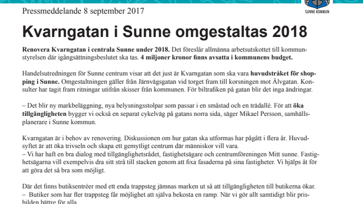 Kvarngatan i Sunne omgestaltas 2018