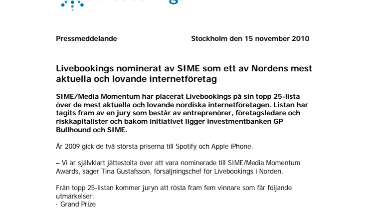 Livebookings nominerat av SIME som ett av Nordens mest aktuella och lovande internetföretag