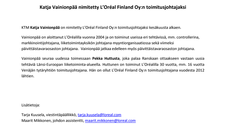 Katja Vainionpää_nimitys_L'Oréal Finland