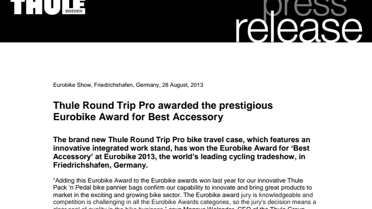 Thule Round Trip Pro awarded the prestigious  Eurobike Award for Best Accessory