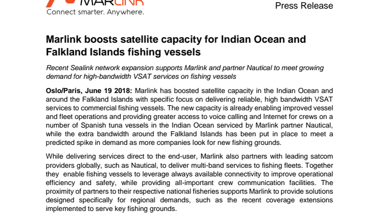 Marlink boosts satellite capacity for Indian Ocean and Falkland Islands fishing vessels